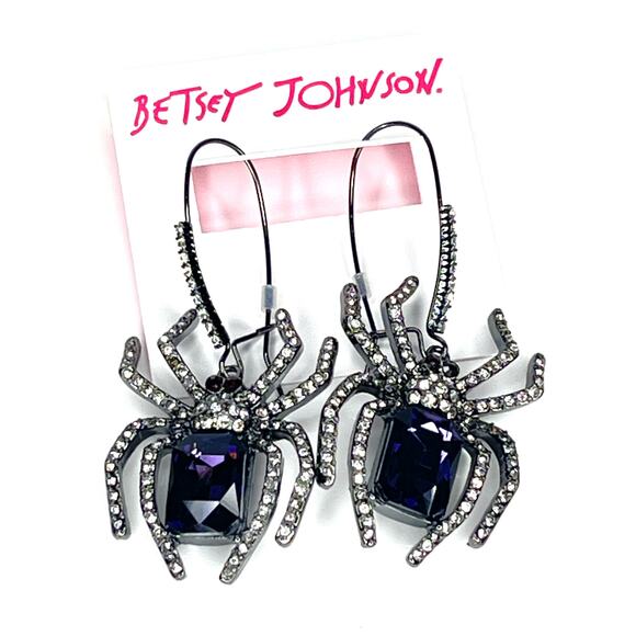 Betsey Johnson Purple Gem SPIDER Dangle Drop EARRINGS Crystal Glass Halloween - Picture 6 of 6